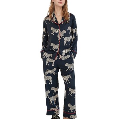 Anna-Kaci Lounge Women's Satin Zebra Print Pajama Set with Long Sleeve Button Up Shirt and Matching Relaxed Fit Pants