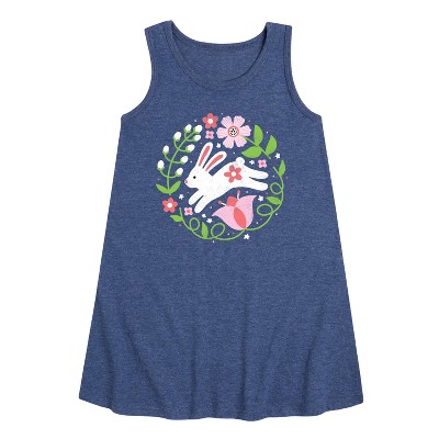 Girls' - Instant Message - Scandinavian Bunny With Flowers Graphic Sleeveless Aline Dress