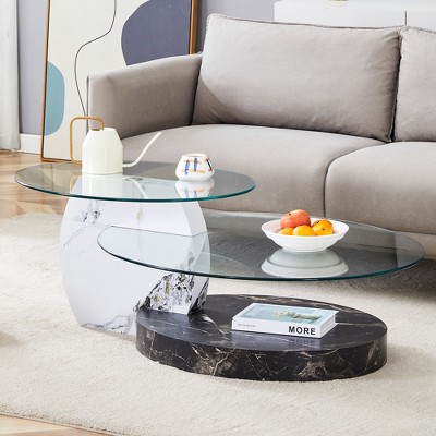 Oval Coffee Table with Double Layer Design, Glass Cocktail Table Accent Table Sofa Side Table Center Table, Marble / Wood Grain - ModernLuxe