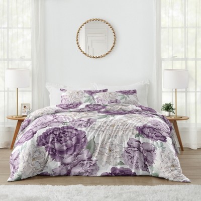 Sweet Jojo Designs Girl Full/Queen Comforter Bedding Set Peony Floral Garden Purple Ivory and Green 3pc