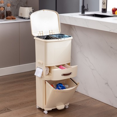 VECELO 12 Gal Kitchen Trash Can with Lid, Large-Capacity Vertical Trash Bin with Removable Inner Bucket & Drawer, Waste Container with Wheel, White