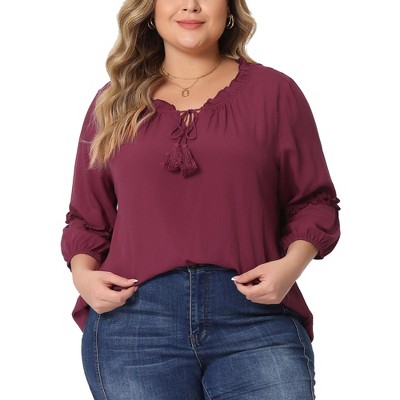 Agnes Orinda Women's Plus Size Tie Neck Tassel Self Flutter 3/4 Sleeve Blouses