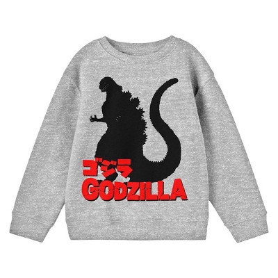 Godzilla Classic Character Silhouette with Kanji Text Youth Heather Grey Crew Neck Sweatshirt