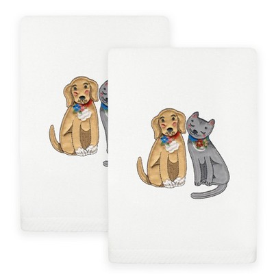 Linum Home Textiles SPRING DOG & CAT - Embroidered Luxury 100% Turkish Cotton Hand Towels (Set of 2)