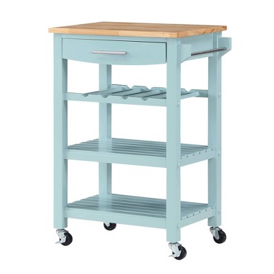 Breighton Home Ellaine 4 Tier Butcher Block Kitchen Cart with Drawer and Wine Rack in Sea Foam Blue/Butcher Block