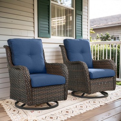 Belord Brown Wicker Swivel Rocking Chairs, 2 Piece Oversized Rocker Patio Chairs Set Rattan Glider Chairs for Outdoor Porch Deck Backyard