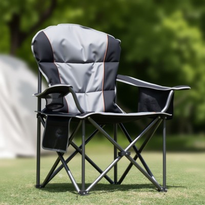Mr Ironstone CAMP Oversized Camping Folding Chair, Heavy Duty Support 450 LBS Steel Frame Collapsible Arm Chair with Cup Holder Quad Lumbar Back