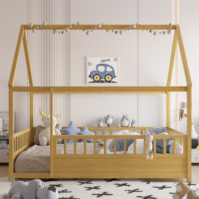 Lyngins Kids' Floor Bed Frame with Wooden House Roof & High Fence Guardrails, Pine Wood Twin Size Toddler Bed/Child Bed, Easy Assembly