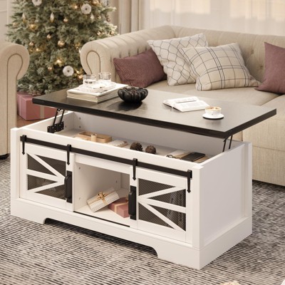 homfan Farmhouse Coffee Table with Lifting Top, Rectangle Coffee Table with Storage & Sliding Groove Barn Door,Lift Top Coffee Table