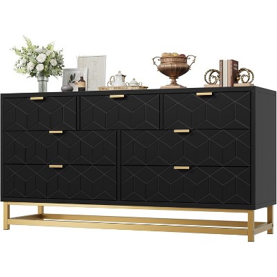Acekool 7 Drawer Dresser, 53.5" Wide Modern Chest with Gold Handles & Legs, Fluted Storage Organizer for Bedroom, Closet, Living Room, Entryway