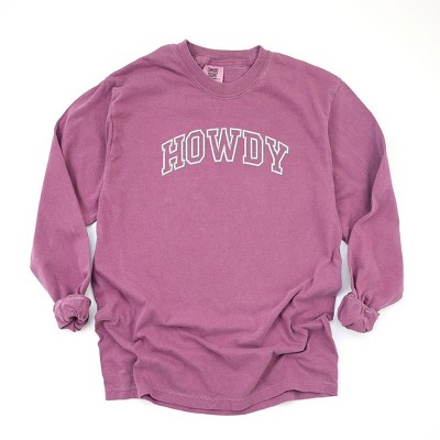 Simply Sage Market Women's Embroidered Howdy Varsity Outline Long Sleeve Garment Dyed Tee