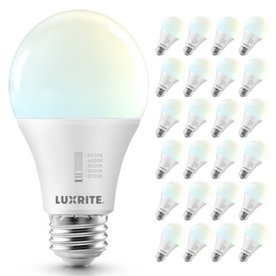Luxrite A19 LED Light Bulb 100 Watt Equivalent, CRI90, 5CCT Selectable Dimmable, 1600LM, 15W Title CA20, ETL Listed, E26 Medium Base 24 Pack