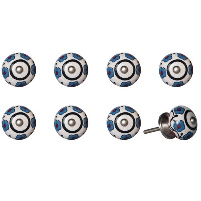 HomeRoots Set of Eight Blue And White Ceramic And Metal Drawer Pull Knobs