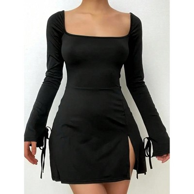 Women's Square Neckline High Waisted A line Slit Dress Chic and Versatile for Casual Party Midi Dress