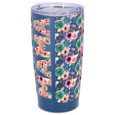 Elanze Designs 20 oz Stainless Steel On the Go Insulated Travel Tumbler With Push Top Lid, Mama Pink & Blue Floral Blue