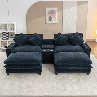 YOOCOZZ 111" Chenille Upholstered Sectional Sofa with Two USB Ports,Two Cup Holders, Two Removable Ottoman and Large Storage Box