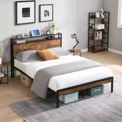 Full Size Metal Platform Bed with Wooden Headboard and Footboard