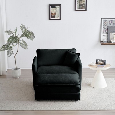 Modern Accent Chair Sofa with Ottoman, Living Room Club Chair Chenille Upholstered Armchair Beige Chenille