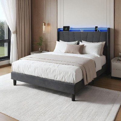 Twin/Full/Queen/King Size Bed Frame with LED Lights & Charging Station, Upholstered Platform Bed with Headboard, No Box Spring Needed, Gray