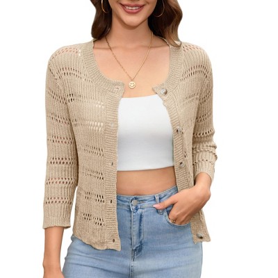 Womens 3/4 sleeve Cardigan Shrugs Crewneck Basic Casual Button Down Soft Knit Hollow Out Crochet Sweater