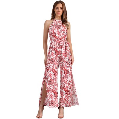 INSPIRE CHIC Women's Sleeveless Tie Halter Neck Belt Slit Wide Leg Boho Jumpsuit