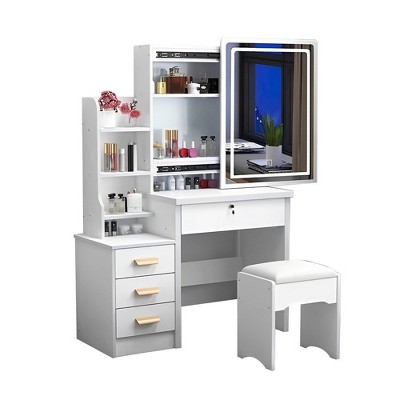 Vanity Desk with Mirror and Lights for Makeup, Vanity Mirror with Lights and Table Set with 3 Color Lighting Brightness Adjustable, 4 Drawers