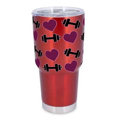 100 North 30 Ounce Stainless Steel On the Go Travel Tumbler With Push Top Lid, Hearts and Weights Red