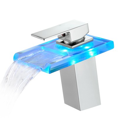 LED Waterfall Bathroom Faucet with 3 Color Changing Light and Single Handle