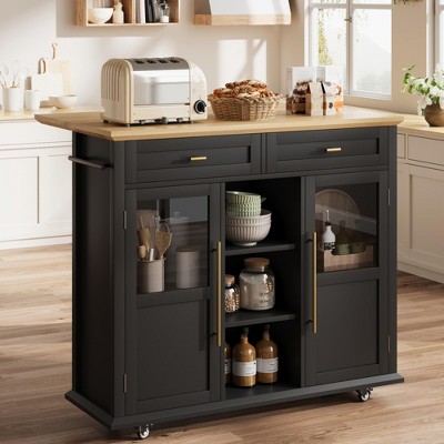 Foldable Kitchen Island Cart with Drop Leaf Top - 2 Glass Doors, Spice Rack, Towel Holder, Compact Mobile Cart with Wheels, for Kitchens, Dining Rooms