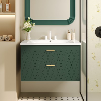 30"W Floating Bathroom Vanity with Resin Sink, Wall Mounted Bathroom Cabinet with 2 Drawers, Black/Green-ModernLuxe