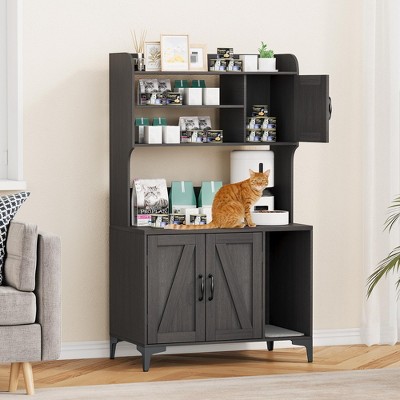 Cat Litter Box Enclosure with Shelves,Hidden Cat Box Cabinet Furniture with Scratching Mat,Wood Sturdy Cat Washroom Storage, Indoor Cat House