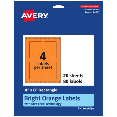 Avery Bright Orange Paper Labels, 4" x 3" Rectangle
