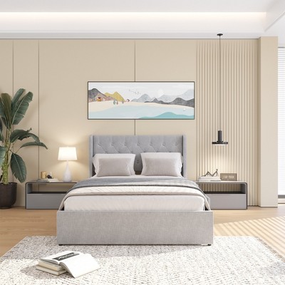 Full Size Bed Frame with 4 Storage Drawers and Wingback Headboard