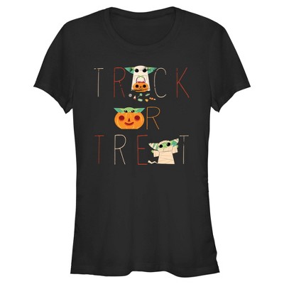 Juniors Womens Star Wars The Mandalorian Halloween Grogu Trick or Treat T-Shirt