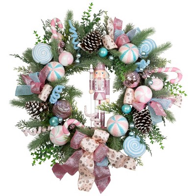 Northlight Pastel Nutcracker and Ornaments Artificial Pine Christmas Wreath - 24" - Unlit