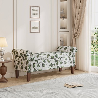 Handy Living Wallen Traditional Rolled Arm Storage Bench with Nailheads Floral Bonsai