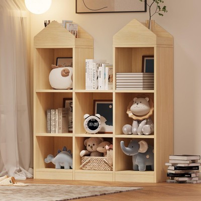 Toy Storage Organizer 8-Cubby Kids Bookshelf, Natural Wood Bookcase with Cubby Storage, Playhouse Cabinet Shelf for Boys, Girls