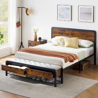 COZONY Wood Headboard Metal Platform Bed — Sit Bench with 2 Storage Drawers, Sturdy, Noise-Free, No Box Spring & Easy Assembly