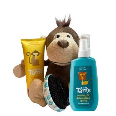 T is for Tame - Kids Hair Styling Kit with Detangling Spray, & Brush, Taming Cream, plus Plush Monkey, Natural & Vegan, Great Gift for New Moms, 4ct