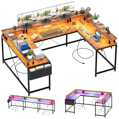 U Shaped Desk, 126 Inch Gaming Desk with Monitor Stand and LED Lights, Reversible Shaped Large Computer Desk with Power Outlets, Office Desk