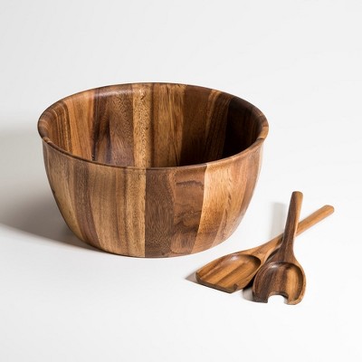 Kalmar Home Natural Acacia Wood Salad Bowl Set with Servers – Extra Large 13"x 6" Wide  Bowl for Entertaining