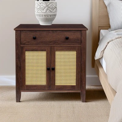 COMHOMA Wood Cabinet with Rattan Door, Sliding Drawer, Adjustable Shelf, Nightstand, Bedside Table