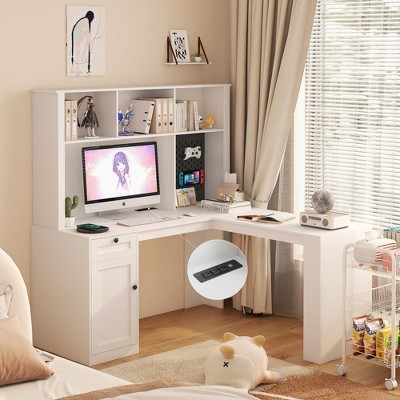 NicBex L Shaped Desk with Outlet,Computer Desk with Drawers,Bookshelf,Home Office Desks with Storage,Corner Gaming Computer Desk