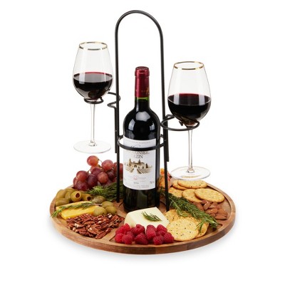 Twine Wine Flight & Cheese Caddy Wine Accessories & Cheese Board Accessories, Charcuterie Boards Accessories & Wine Decor Acacia Wood & Metal Set of 1