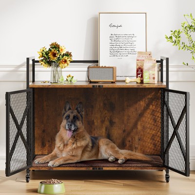 31'' Dog Crate Furniture, Double Doors, Wooden Heavy Duty Dog Kennel Indoor with 4 Wheels, for Large Medium Small Dogs