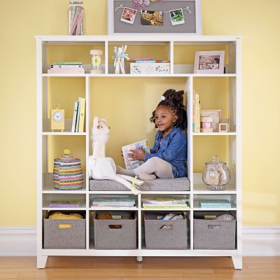 Martha Stewart Kids' Storage Shelf: Wooden Bedroom Book Nook, Toy Cube Organizer with Reading Bench and Storage Bins