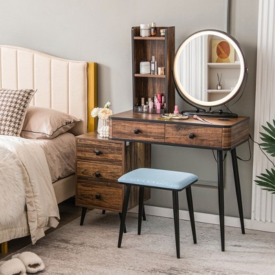 Costway Vanity Makeup Table Set 3-Color Dimmable Human Body Induction LED Light White\Brown