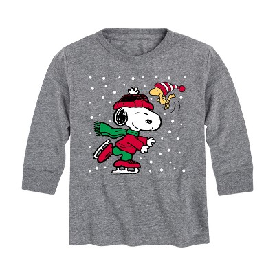 Boys' - Peanuts - Snoopy and Woodstock Christmas Skating Long Sleeve Graphic T-Shirt
