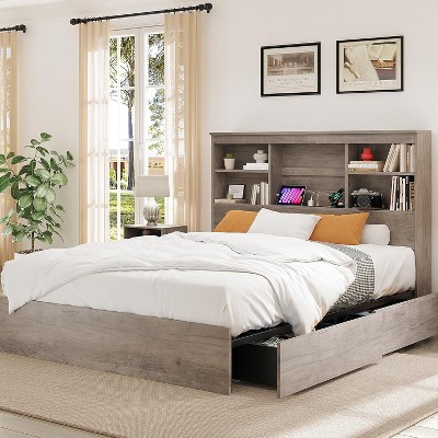 GustoWave Bed Frame with High Storage Bookcase Headboard, Built in Charging Station