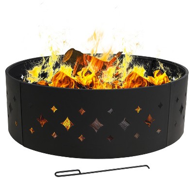 Sunnydaze Outdoor Heavy-Duty Steel Portable Large Round Diamond Cut Out Fire Pit Ring with Log Poker - 36" - Black